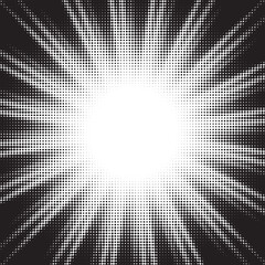 Halftone gradient sun rays pattern. abstract halftone vector dots background. monochrome dots pattern. pop art, comic small dots. star rays halftone poster. shine, explosion. sunrise rays background.