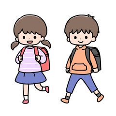 歩く小学生の女の子と男の子