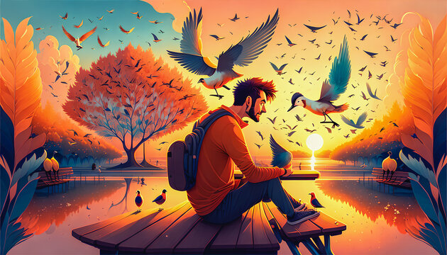 The Young Man's Playful Encounter with Pigeons on a Park Bench, Amidst the Setting Sun. Emotions. Generative AI.