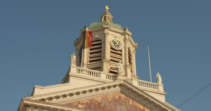 Bell Tower Of The Church Of St. James On Coudenberg At Place Royale In Brussels, Belgium. low angle, close-up