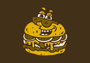 Mascot character design of a burger laughing and wearing glasses
