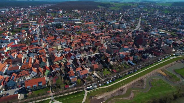 aerial view of the city Gunzenhausen on a sunny day in early spring.