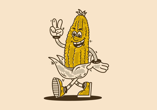 Mascot character design of a corn is walking happily