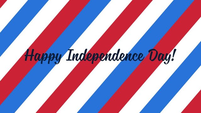"Happy Independence Day!" in a fun script font over a moving red, white, and blue patriotic striped background