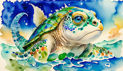 Obraz na płótnie Canvas The Tranquil Dance of a Watery Turtle Immersed in the Subtle Hues of Watercolor, Generative AI.