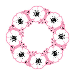 White Anemone Flowers. Pink round wreath. Hand drawn artistic illustration on white background.