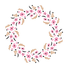 Fototapeta na wymiar Small beige and pink flowers. Round flower wreath. Hand-drawn artistic illustration on white background.