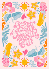 Obraz premium Sweet summer time - trendy liquid hand written lettering quote. Floral leaves decorative elements, exotic fruits, ice-cream, palm leaves, Anthurium flower. Textured linocut stylehand drawn ornament.