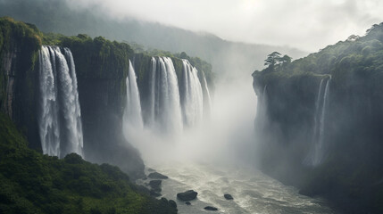 Fototapeta premium Witness the raw power of nature as this colossal waterfall crashes down, creating a symphony of mist and majesty. Generative AI