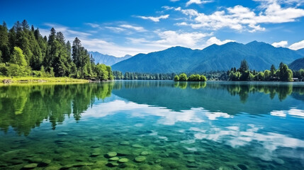 Witness the epitome of tranquility: A serene, crystal-clear lake nestled amidst majestic mountains, reflecting their magnificence like a mirror. Nature's own paradise!