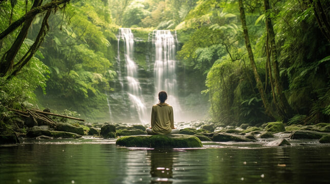 Find solace in nature's embrace: Immerse yourself in a lush, emerald-green forest, where a cascading waterfall whispers melodies of serenity, inviting you to reconnect with the ess Generative AI