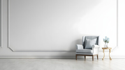 The interior has a armchair on empty white wall background.