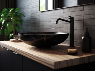 Realistic interior mockup bathroom ceramic sink basin or wash basin with mirror and faucet. modern minimal design. Generative AI - obrazy, fototapety, plakaty
