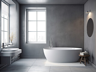Naklejka na ściany i meble Realistic interior design bathroom with bathtub. modern minimal design. Generative AI