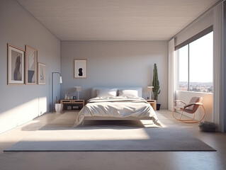 Minimal bedroom interior with Home decoration mock up. Cozy coastal stylish, furniture, comfortable bed, Modern design background. Generative AI.