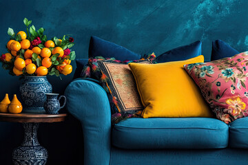 Colorful pillows on a sofa with little vase