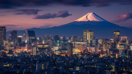 Tokyo skyline at night with view of Mount Fuji in the background - obrazy, fototapety, plakaty