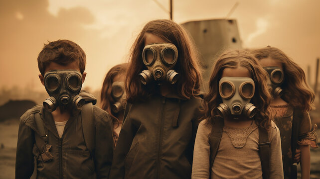children with a gas masks on the apocalypse day to prevent from pollution
