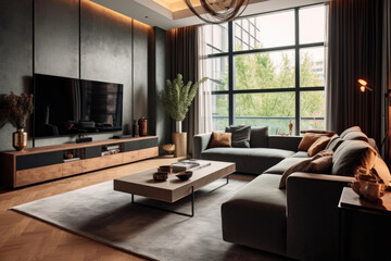 Elegant designed living room with window wall, big television screen and wooden elements