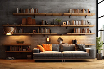 Interior of modern room with shelves and sofa