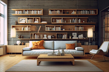 Interior of modern room with shelves and sofa