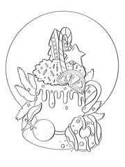 contour line illustration many detailed new year christmas theme hot chocolate or cocoa with toppers and decor design element postcard coloring page print and cover media