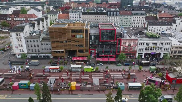 Drone shot of Reeperbahn (die s&uuml;ndigste Meile and Kiez).The Reeperbahn is a street and entertainment district in Hamburg's St. Pauli district, one of the two centres of Hamburg's nightlife .