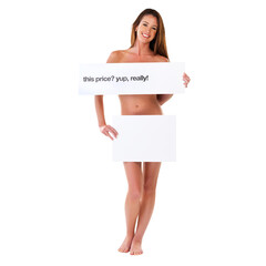 Naked, poster cover up and woman portrait with deal isolated on a transparent, png background. Mockup, blank space and price board with a young female with smile and marketing sign with billboard
