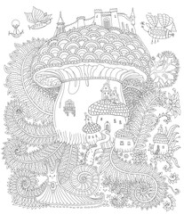 Fantasy landscape. Fairy tale castle on a mushroom, snail, flying steam punk air baloons. Coloring book page for adults and children