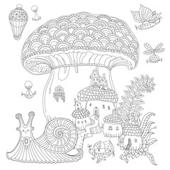 Fantasy landscape. Fairy tale snail, house in a mushroom, flying steam punk air baloons. Coloring book page for adults and children