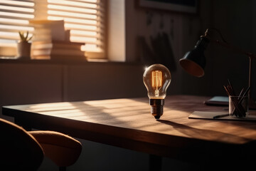 Business ideas concept , Light bulb on table workplace , New ideas with technological innovation and creativity , Created with Generative Ai Technology