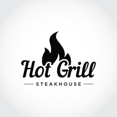 BBQ hot grill vintage typography logo template design with crossed flames and spatula. Logo for restaurant, badge, cafe and bar.