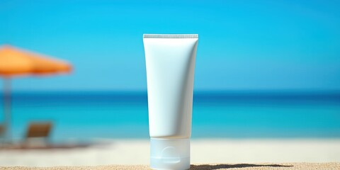 blank customizable sunscreen product on the beach, generative ai