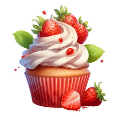 red cupcake with strawberries and cream illustration. isolated object transparent background. Ai Generative