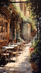 Obraz premium Retro charming café with terrace, Parisian style oil painting, generative ai