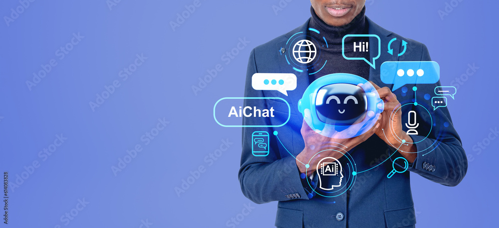 Poster black man with device using ai chat bot, robot communication and copy space