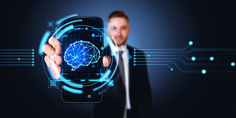 Businessman holding a smartphone with digital AI brain hologram, technologies