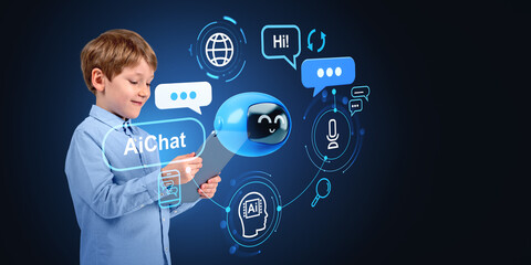 Smiling child using device in hands, robot communication icons and technology