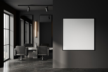 Grey barbershop with armchairs in row and mirror, window and mockup frame