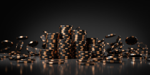 Casino black poker chips falling on dark background. Copy space