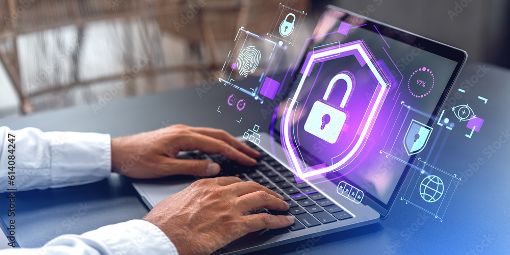Poster man hands using laptop with data protection interface in office