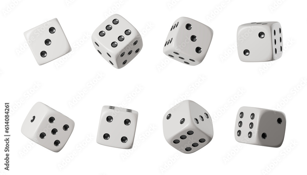 Poster eight white dice in half turn with different numbers on blank background