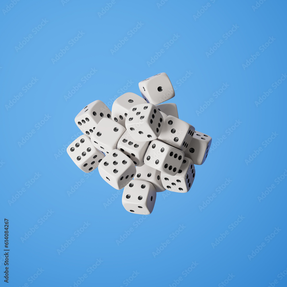 Poster heap of white dice with different numbers on blue background