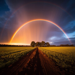 An incredible double rainbow stretching across the horizon, casting a magical glow over the landscape Generative AI