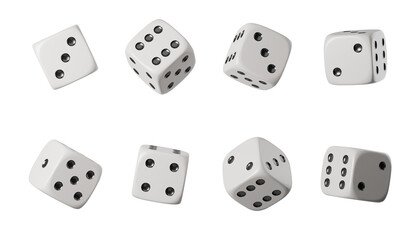 Eight white dice in half turn with different numbers on blank background