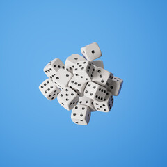 Heap of white dice with different numbers on blue background