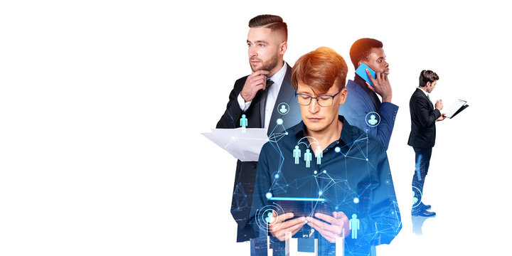 Four businessmen with gadgets and documents in city and people network hologram
