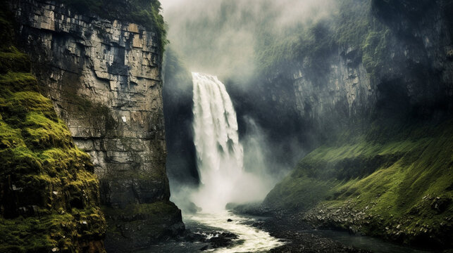 An awe-inspiring image of a massive waterfall cascading down rugged cliffs, creating a powerful display of nature's force.