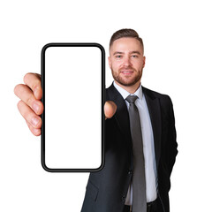 Smiling bearded businessman showing smartphone with blank screen, isolated
