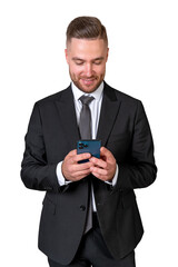 Businessman with smartphone in hands, smiling. Isolated over white background